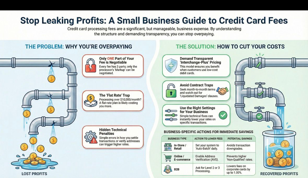 Infographic: Stop Leaking Profits - A Small Business Guide to Credit Card Fees showing the problem of overpaying and solutions to cut costs